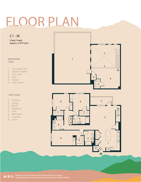 A floor plan of a C1-M type 3 bedroom, 2 bathroom apartment.